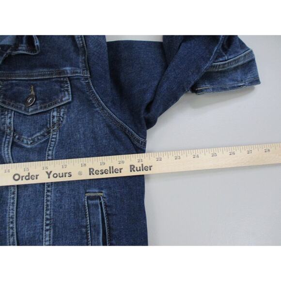 Torrid Denim Trucker Jacket 1 Blue Jean Dark Distress Wash Stretch 1X 14 16 NEW - Picture 11 of 15